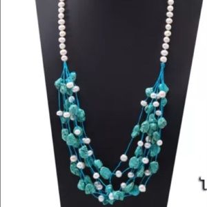 FIRM $ HAND KNOTTED PEARL& TURQUOISE 34” NECKLACE